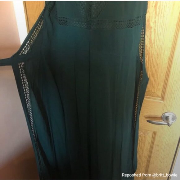 Anthropologie Elevenses Emerald Linen-Look Crochet Boho Wide Leg Pantsuit - Picture 4 of 16